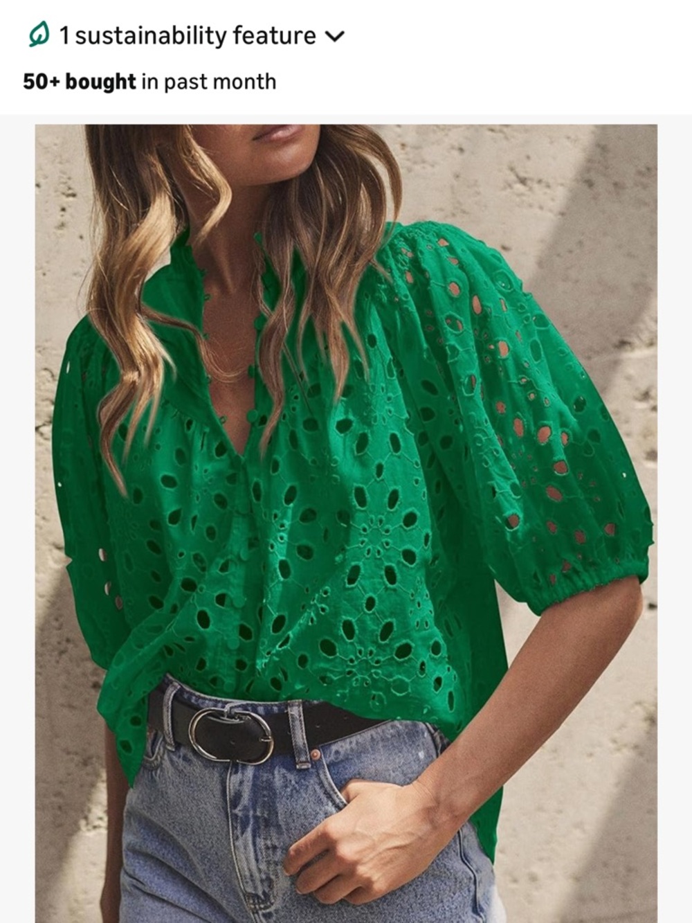 Eyelet Puff-Sleeve Button Front Blouse in Green